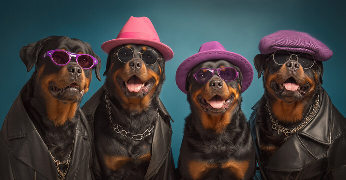 Four stylish rottweilers in hats and sunglasses.