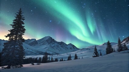 Abstract Aurora Winter Night with Snow Mountains Background —AI GENERATED  
