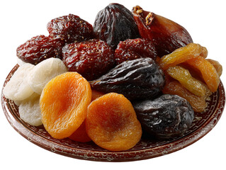 Decorative plate of assorted dried fruits including figs dates and apricots isolated on transparent background