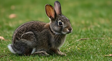 A wild rabbit sits alertly on a grassy field.