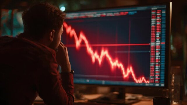 Market Downfall: A man stares pensively at a stark red line reflecting a economic downturn in the dim glow of a computer screen. The image is a powerful symbol of financial losses and uncertainty
