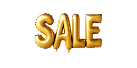 Gold balloon letters displaying sale isolated on white background