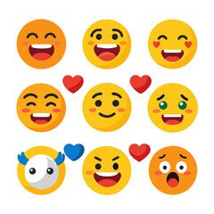 Collection of nine flat style emoji with different expressions