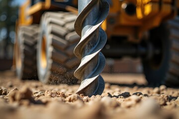 A close-up of a large auger drill bit boring into the soil at a construction site.