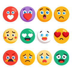 Assorted emoji faces expressing diverse emotions, flat design style