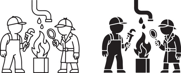 Obraz premium Plumber and Detective Investigating Fire – Repair and Inspection Concept Vector Icon