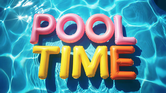 Fun inflatable pool letters spell out pool time floating on water