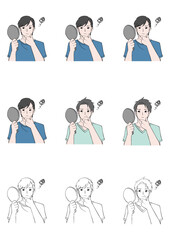 肌が気になり鏡を見る男性のイラストセット
