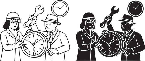 Clock Repair Concept – Engineers Fixing Time with Tools Vector Icon