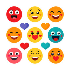 Colorful emoji faces and hearts on a white backdrop