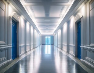 Obraz premium blurred interior corridor with white walls and floor illuminated by ceiling lights premium abstract blurred background with light and soft colors