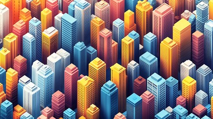 Obraz premium Vibrant 3D Cityscape Modern Architecture Isometric Design Colorful Buildings Urban Landscape Digital Illustration