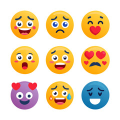 Nine colorful emojis illustrating different emotions on a white background