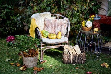 Cozy autumn terrace with rustic decor, wicker chairs, colorful pillows, firewood basket, and seasonal pumpkins. Decorative plants and vibrant fall foliage create a warm, inviting outdoor retreat, perf