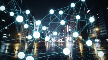 Digital network glowing above rainy city street - Powered by Adobe