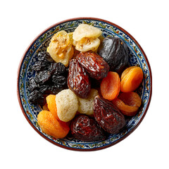 Decorative plate of assorted dried fruits including figs dates and apricots isolated on transparent background