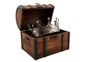 Isolated old wooden treasure chest open with a rusty silver crown inside ancient royal symbol of power and wealth historical artifact
