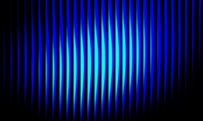 Vibrant neon blue and black wavy light pattern, futuristic glowing vertical stripes, abstract optical art background with smooth gradient.