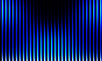 Vibrant neon blue and black wavy light pattern, futuristic glowing vertical stripes, abstract optical art background with smooth gradient.