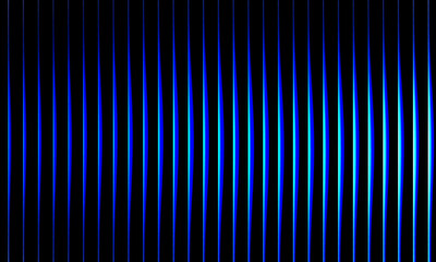 Vibrant neon blue and black wavy light pattern, futuristic glowing vertical stripes, abstract optical art background with smooth gradient.
