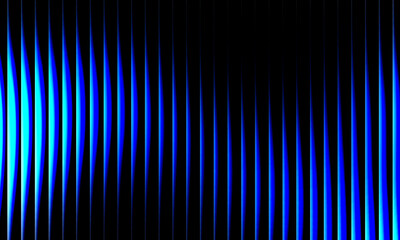 Vibrant neon blue and black wavy light pattern, futuristic glowing vertical stripes, abstract optical art background with smooth gradient.