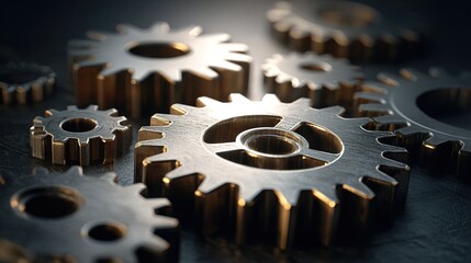 cogs. Abstract composition of metallic gears symbolizing workflow processes, set against a dark gradient background. safety posters.