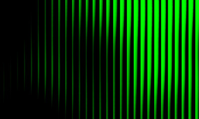 Fototapeta premium Glowing neon green vertical wave pattern on black background, futuristic abstract light design, modern optical art with smooth gradient.