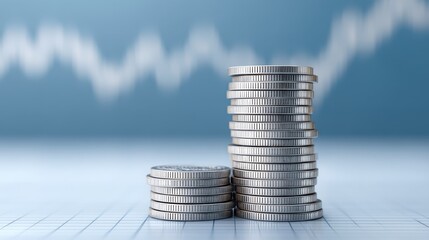 Stacks of coins on a blurred background with financial growth chart indicating increasing value and trend in currency and investment strategies