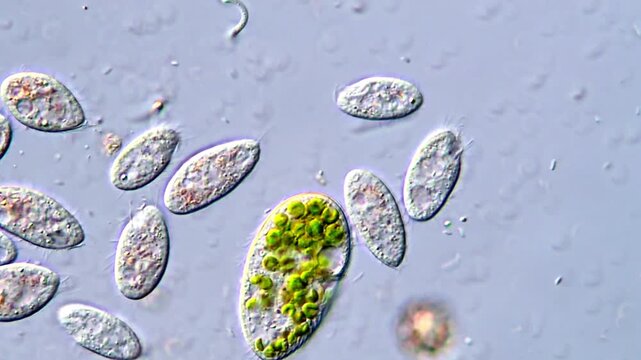 Green protozoa under microscopy view, 400x magnification 
