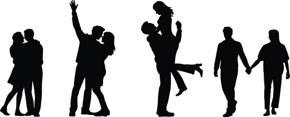Romantic couple silhouette vector illustration, people in love, hugging, kissing, holding hands, dating, romantic relationship, passion, intimacy, affection, black graphic artwork