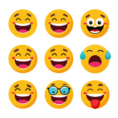 Nine yellow emoji faces showing various expressions on white background