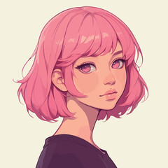 A young girl with bright pink hair and sparkling eyes looks over her shoulder. The artwork features a simple background and focuses on her playful expression.