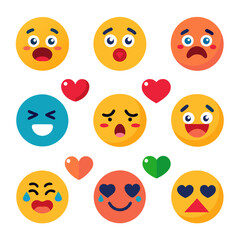 Variety of emotion emoji icons with hearts illustration