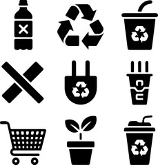 Plastic Free Silhouette Icons Promoting Eco-Friendly Alternatives and Sustainability