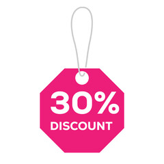 Pink octagon tag with 30 discount text isolated on transparent background