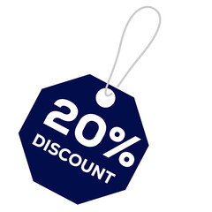 Dark blue tag with 20 discount text isolated on transparent background