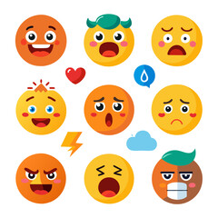 Cheerful Emoji Faces Displaying Various Emotions on White Background