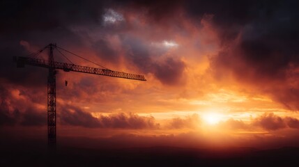 A silhouetted construction crane stands against a dramatic sunset sky filled with fiery clouds