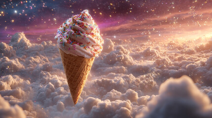 A fantastical ice cream cone floating amidst clouds and starry sky glow