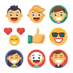 Collection of happy cartoon faces and positive symbols