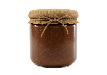 Isolated glass jar filled with rich chocolate hazelnut spread topped with rustic burlap fabric lid and natural twine bow