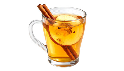 Hot herbal golden and green tea beverage in a white cup with fresh lemon, mint leaf, and cinnamon sticks