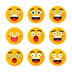 Nine yellow emoji faces expressing different emotions on white background