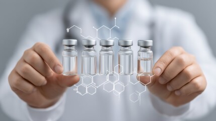 Healthcare professional holding vials of medication with molecular structure graphics in the background representing pharmaceuticals and laboratory research