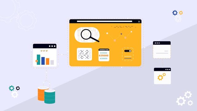 Animated man presenting search engine interface, online browsing, website optimization, SEO marketing, digital search clip