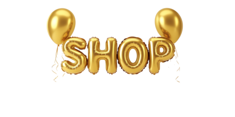 Gold balloon letters forming the word shop with two gold balloons