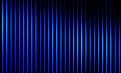 Vibrant neon blue and black wavy light pattern, futuristic glowing vertical stripes, abstract optical art background with smooth gradient.