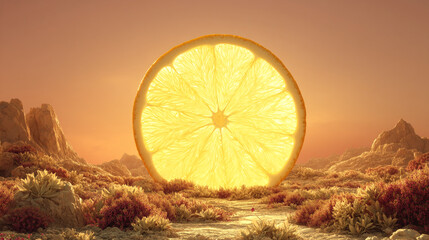 A slice of lemon in a surreal landscape under a warm colored sky