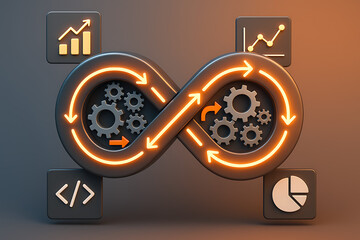 Devops infinity symbol with gears and glowing arrows, representing continuous integration, continuous delivery, automation, and software development lifecycle