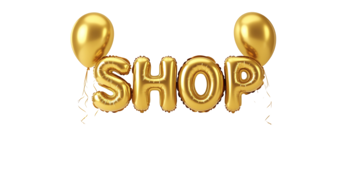 Gold balloon letters forming the word shop with two gold balloons